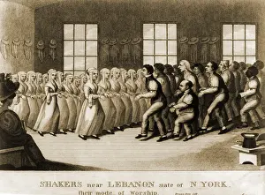 Images Dated 9th June 2008: Shakers, separated by gender, performing a step dance in the meeting hall at New Lebanon