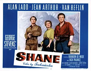 Mountain Prints: SHANE, from left, Alan Ladd, Jean Arthur, Van Heflin, 1953