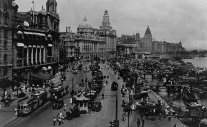 Street Scenes Prints: Shanghai, China in March 1936. View of the Bund and the financial district on the Huangpu River waterfront