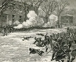 Illustration Prints: Shay's Rebellion. Massachusetts militia fires on Shay's rebels to protect a federal arsenal
