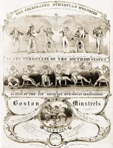 Expression Prints: Sheet music cover illustrated with caricatures of six minstrels in two scenes
