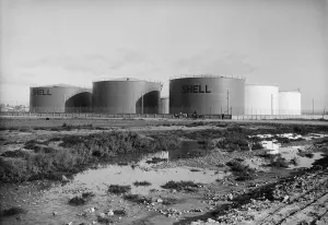 November Prints: Shell oil tanks near Haifa, Palestine. Ca. 1934-39