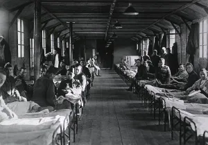 North Americans Prints: Shell shocked soldiers face the camera in the psychiatric ward of a U