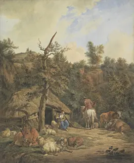 Brush Prints: Shepherd, Shepherdess, and Cattle Resting by a Dilapidated Barn