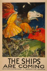 Transports Prints: THE SHIPS ARE COMING. 1917 World War 1 poster by the United States Shipping Board