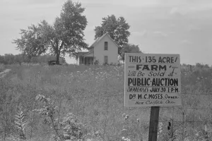 December Prints: Sign advertising farm auction New Carlisle Ohio. Photo by Ben Shahn Summer 1938