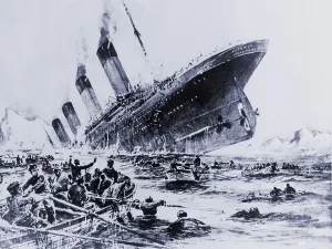 Deaths Prints: Sinking of the ocean liner the Titanic witnessed by survivors in lifeboats. May 15, 1912
