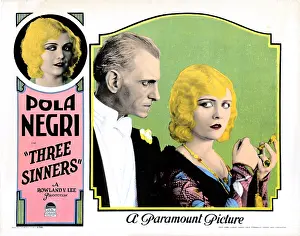 Negri Prints: THREE SINNERS, lobbycard, Pola Negri (left and right), Anton Vaverka (center), 1928