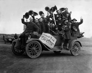 December Prints: At least sixteen soldiers in a car after being mustered out at Camp Dix