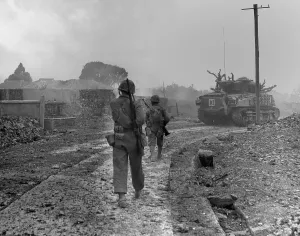 Lcgr1311 Prints: Sixth Division Marine tanks and riflemen entering Naha