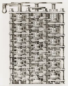 Metals Prints: Small part of Babbage's mechanical calculating engine his Difference Engine an invention to which he dedicated his