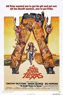 Motorcycle Prints: A SMALL TOWN IN TEXAS, US poster art, on motorcycle: Susan George, Timothy Bottoms, 1976