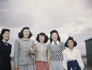 Osrs Prints: Five smiling Japanese American women internees at Tule Lake Relocation Center during World War II