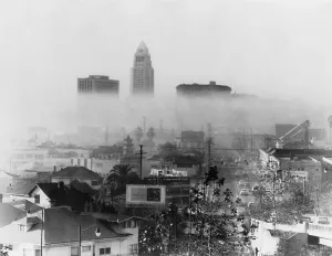 Los Angeles Prints: Smog obscures view of downtown high-rises, Los Angeles, California on November 20, 1966