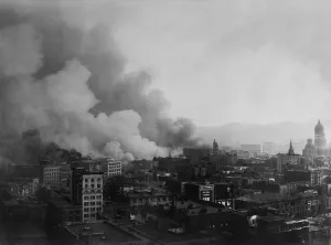 Cityscape Prints: Smoke billowing over San Francisco