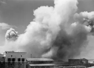 Middle East Prints: Smoke from dynamiting slum sections of Jaffa in the summer of 1936