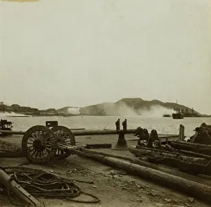 Siege Prints: Smoke rises from Russian war ships and Port Arthur town during shelling by Japanese in Dec
