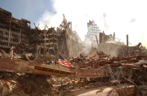 2000s Prints: Smoke rises from the World Trade Center's collapsed North Tower