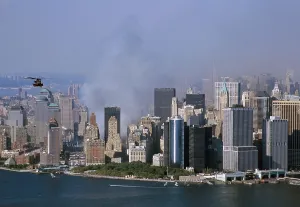9 11 Prints: Smoke from the ruins of the World Trade Center two days after the 9/11 terrorists attacks north of New York City's