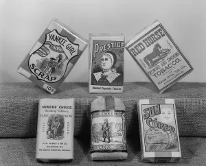 Cigarettes Prints: Smoking, brands of tobacco smoked by harvest hands, Ohio, photograph 1938