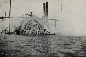 Maritime Prints: Smoking wreck of the GENERAL SLOCUM showing the housing of the paddle wheel, June 15, 1904