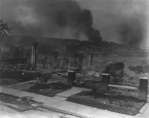 Trucks Prints: Smoldering ruins of African American's homes following race riots in Tulsa
