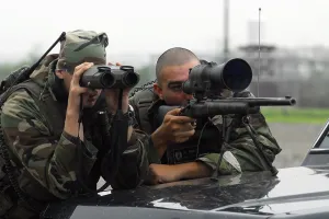 Dangerous Prints: A sniper team search for opposing forces during an exercise at Osan Air Base South Korea July 23 2008