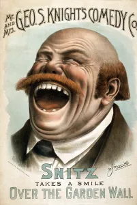 Burlesque Prints: SNITZ TAKES A SMILE OVER THE GARDEN WALL, a burlesque play. Theater poster 1885