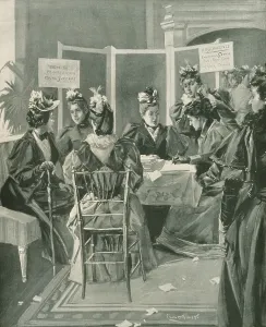 Social Movements Prints: Society women gather signatures on a petition for woman's suffrage in the fashionable Sherry's restaurant