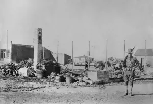 Columbus Prints: US soldier guards ruins in Columbus, New Mexico, after Pancho Villas raid of March 9, 1916