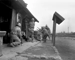 Un Offensive Prints: Soldiers of the 1st Cavalry Division fighting in a train yard in Pyongyang