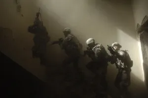 Iraq Prints: US soldiers clear a staircase during a combined training exercise with Iraqi soldiers near Bahbahani Iraq on June 6