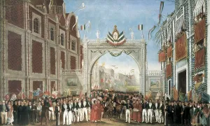 19th C Prints: Solemn and Peaceful Entrance of the Army of the Three-Guarantees into Mexico City on 27th September 1821