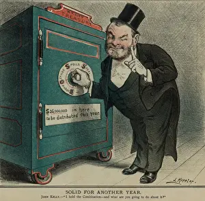 Evening Dress Prints: SOLID FOR ANOTHER YEAR, 1884 cartoon of John Kelly next to a safe labeled N