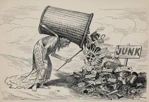 Monarchy Prints: SOMEDAY. An old woman representing Europe, dumps the attributes of monarchy in a junk pile