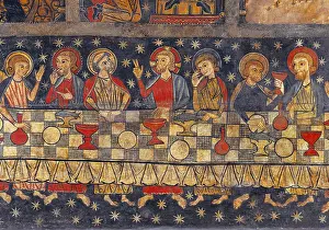 SORIGUEROLA, Master of (half 13th century)). Panel of Saint Michael. end 13th c. Lower detail of the Last Supper. Romanesque art. Tempera on wood. SPAIN. Barcelona