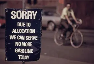 Bicycle Prints: Sorry. Due to allocation we can serve no more gasoline today reads a sign at the end of the energy crisis in April 1974