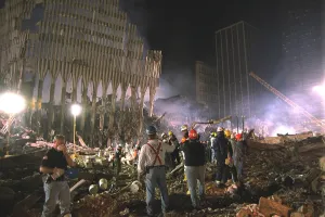 Skyscraper Prints: On the south west area of Ground Zero a bucket line removes debris at night