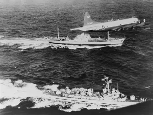 Quarantine Prints: Soviet freighter ANESOV, escorted by a United States Navy plane and the destroyer