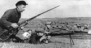 Civilian Clothing Prints: Four Soviet (Russian) partisans with fixed bayonets and small machine gun during World War 2