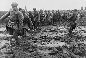 Ukraine Prints: Soviet (Russian) soldiers marching through a muddy field near Odessa