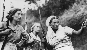 Civilian Clothing Prints: The Soviet (Russian) women guerrillas armed with rifles and bayonets during World War 2