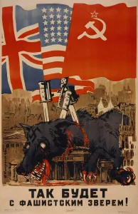 Lcgr1406 Prints: Soviet World War 2 poster. Flags of Allies supported by bayonets stuck in dead Nazi wolf in Berlin