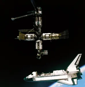 Spacesuits Prints: Space Shuttle Atlantis departing the Mir Russian Space Station
