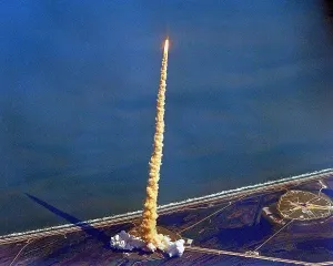 Nasa Prints: Space Shuttle Columbia on a pillar of exhaust as it begins its ten-day mission on Oct