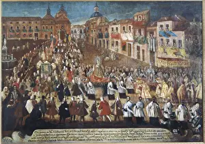 Madrid Prints: Spain (1741). Procession of the Virgin of Mercy in Plaza de la Cebada of Madrid (21st May)