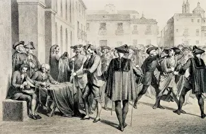 Madrid Prints: Spain (1766). Mutiny of Esquilache (23rd-26th March). Drawing and engraving by E