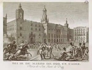 Constitution Prints: Spain (1820-1823). Liberal Triennium. 10th March in Cadiz. San Juan de Dios Square