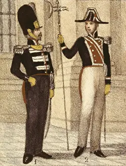 Military Dress Prints: Spain (1833). Royal Guard Infantry and halberdier