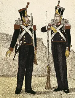 Military Dress Prints: Spain (1833). Uniforms of artillery and engineers